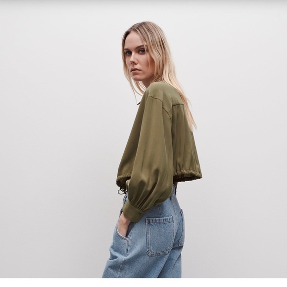 Zara Crop Button Down Shirt with Drawstring - Olive - Picture 3 of 14